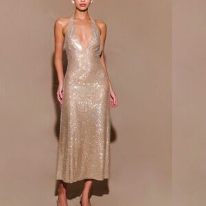 Genie Diamante Halter Midi Dress - Nude